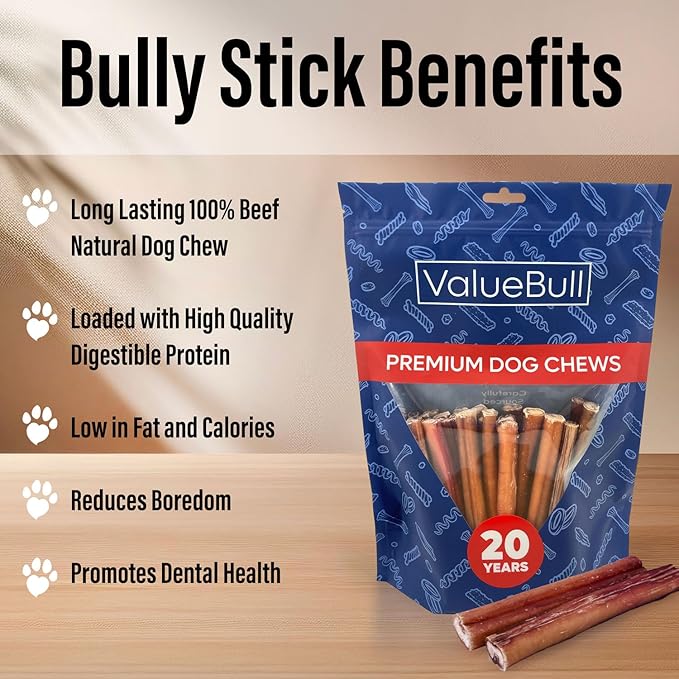 ValueBull Bully Sticks for Dogs, Medium 6 Inch, 200 Count Bulk Pack - All Natural, Grass Fed, Single Ingredient, Long Lasting Dog Treats