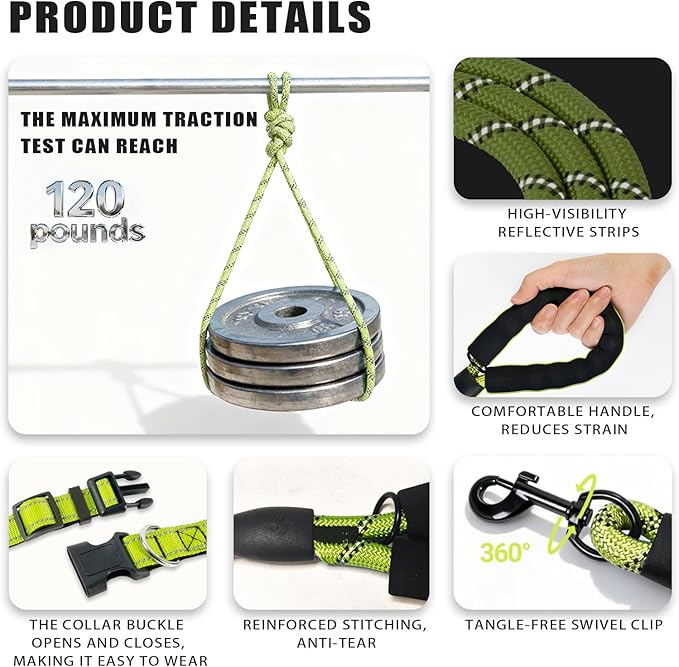 Nylon Dog Leash for Medium Large Dogs, 5-FTReflective Heavy Duty Leash with Comfortable Handle & Poop Bag Dispenser Ring, 1/2 Inch Wide, Secure Reinforcement for Walking (Green, M)