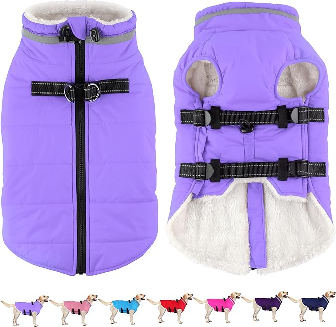 Dogcheer Dog Coat with Harness, Waterproof Dog Jacket Adjustable Winter Coat with Zipper, Christmas Puppy Snow Jacket Fleece Sweater for Small Medium Large Dogs - Taro Purple 3XL