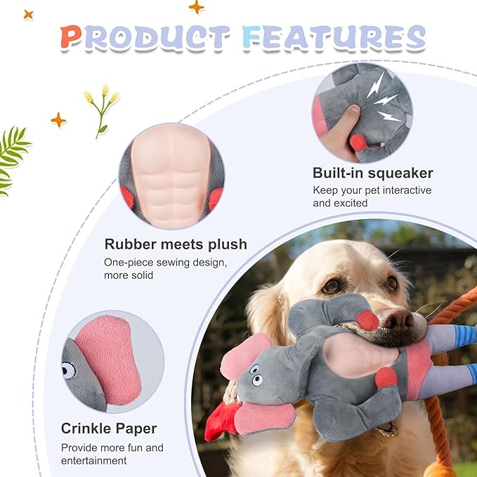 Squeaky Dog Toys, Plush Stuffed Large Dog Toy with Crinkle Paper, Teeth Cleaning Toys for Samll to Large Dogs