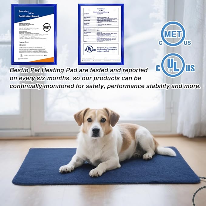 Bestio Dog Heating pad 28×18 in Waterproof Heating Pad for Dogs Adjustable Thermostat (1-24 Hours) and Chew Resistant Steel Cord- Blue