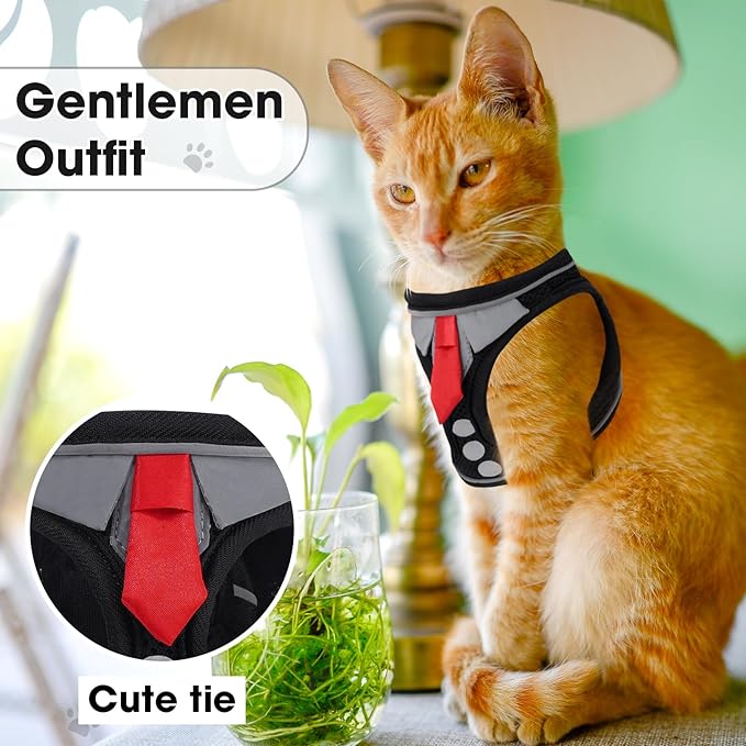 Cat Harness and Leash Set for Walking Escape Proof, Soft Adjustable Kitten Harness Breathable Mesh with Reflective Strips Harness for Kitty Puppy Bunny (Black, Large)