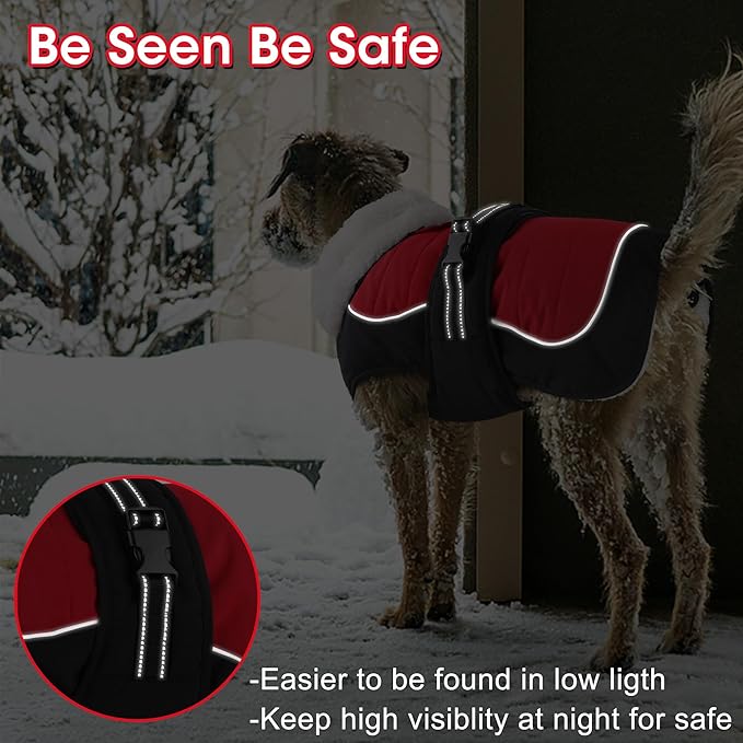 Dogcheer Dog Coat, Christmas Dog Jacket, Waterproof Turtleneck Puppy Winter Coat, Adjustable Pet Puffer Jacket, Reflective Warm Fleece Coats for Small Medium Large Dogs - Red, 2XL