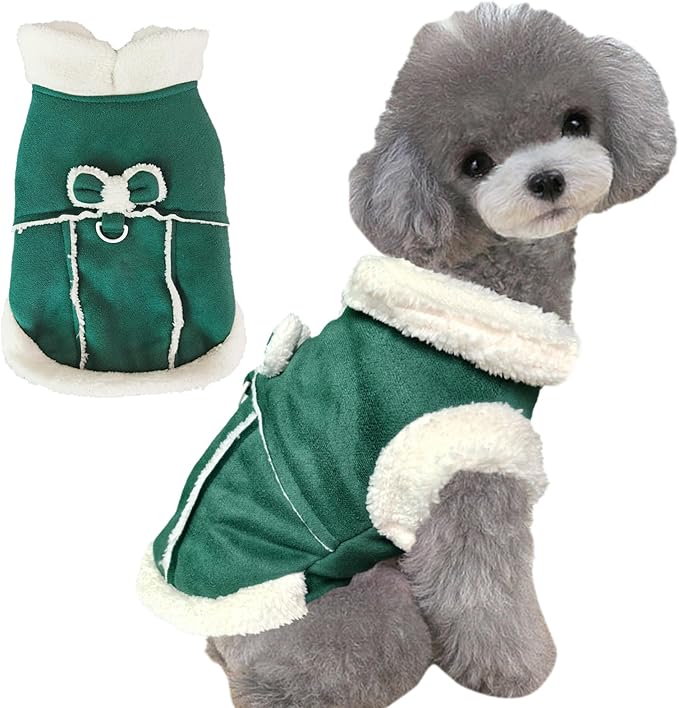 Jecikelon Bowtie Dog Cold Weather Coat Fleece Lining Warm Pet Puppy Turtleneck Dogs Winter Clothes for Small Dogs with D-Ring (Green, Medium)