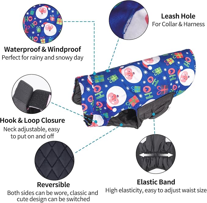 CuteBone Winter Dog Coat - Waterproof Windproof Jacket, Reversible Vest, Thick Adjustable Coats for Small to Large Dogs - Soft Winter Coats with Leash Hole