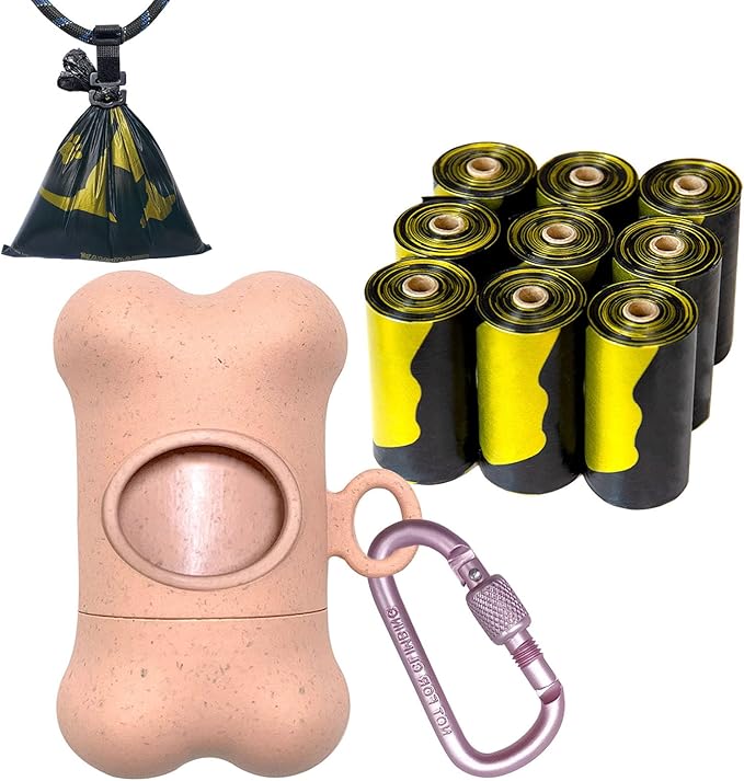 Bone-Shaped Dog Poop Bag Holder for Leash |Dispenser with 135Leak-Resistant Waste Bags & Carabiner Clip（Pink）