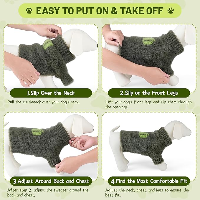 Small Dog Furry Pullover Sweater, Classic Turtleneck Dog Clothes for Cold Weather Cute Warm Pet Clothes for Chihuahua, Bulldog, Dachshund, Pug Green Medium