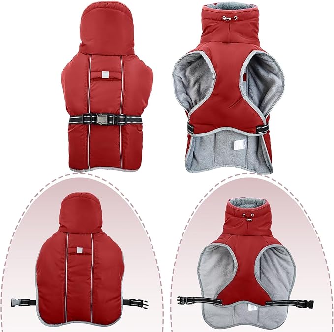 Warm Dog Jacket,3XL Dogs Reflective Adjustable Winter Coat with Turtleneck for Cold Weather,Waterproof Fleece Snowsuit Large Dogs,Pet Cold Weather Coats,Dog Winter Coat Windproof,Red,3XL