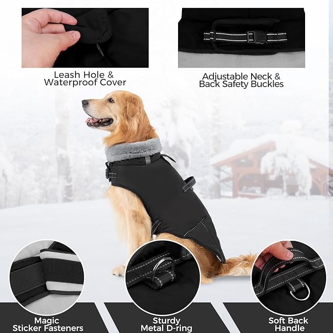 Mihachi Dog Coat for Large Dogs, Warm Dog Winter Coat Waterproof Dogs Jacket with Harness Built in Reflective Pet Fleece Vest, Puppy Cold Weather Coats Turtleneck & Windproof Pet Snowsuit, Black XXL