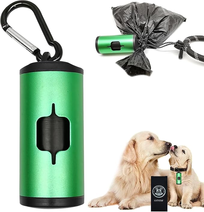 Metal Dog Poop Bag Holder Aluminum Dispenser for Leashes, Hiking & Travel, Lightweight Scratch-Resistant with 3 Attachments and 195 Bags (Emerald Green, 1 Holder 15 Bags)