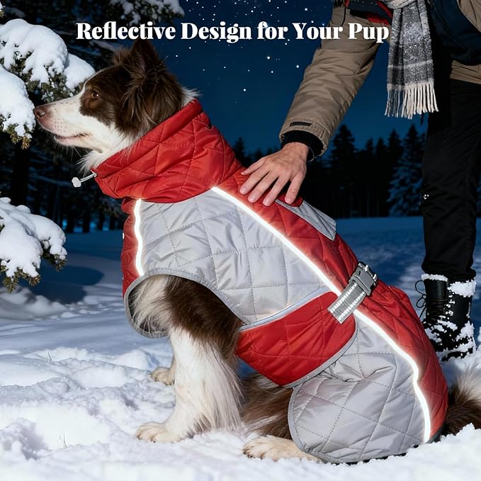 Dog Coat Dogs Winter Coat- Fleece Lined,Water-Resistant,Convertible Collar,Back Reflective Strip&Easy to Wear for Outdoor Walking Dog-Jacket(Red, Small)