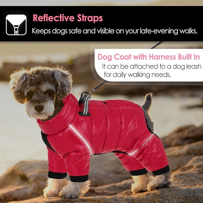 AOFITEE Dog Coat, Waterproof Dog Jacket for Winter, Warm Fullbody Dogs Snowsuit, Winter Coat for Small Dogs, Zip Up Pet Puffer Jacket Fleece Vest, Outdoor Reflective Pet Coats, Christmas Red, S