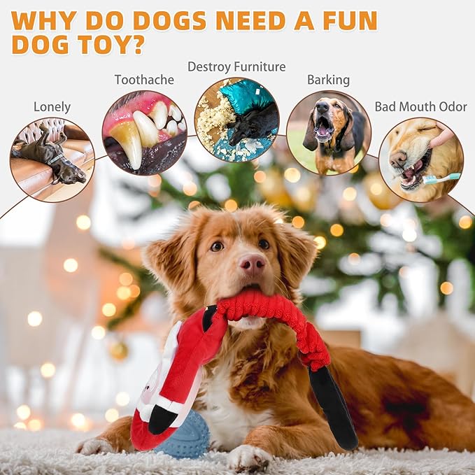 KOOLTAIL Christmas Dog Toys, Tough Plush Dog Chew & Squeaky Toys with Crinkle Paper, Interactive Training & Tug of War Puppy Teething Toy for Indoor Outdoor Play for Small Medium Large Dogs, Santa