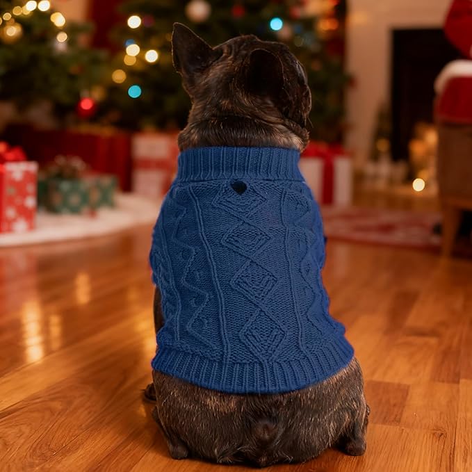 PUPTECK Dog Sweater, Turtleneck Warm Knitted Pullover Coat, Thick Cable Knitwear Clothes in Winter, Pet Apparel Outfits for Large Dogs, for Cold Weather Indoor & Outdoor, Deep Blue XL