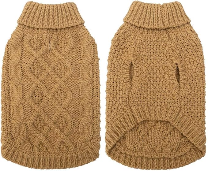 Mihachi Turtleneck Dog Sweater - Winter Coat Apparel Classic Cable Knit Clothes with Leash Hole for Cold Weather, Ideal Gift for Pet in New Year Khaki X-Small