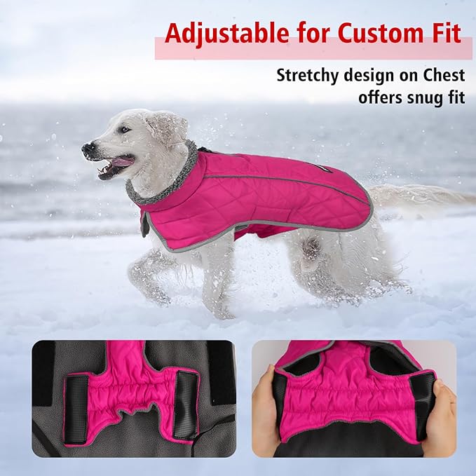 Fragralley Dog Coat Large, Waterproof Dog Jacket with Warm Fleece Lining, Adjustable Reflective Dogs Winter Coat, Turtleneck Pet Coats for Cold Weather (Rose Pink L)