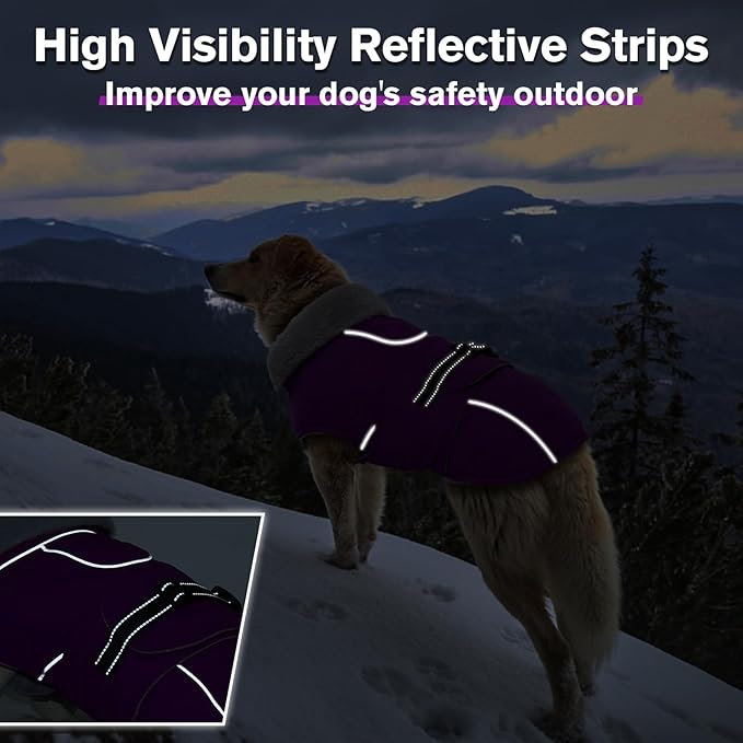 Lelepet Warm Dog Winter Coats for Large Dogs Waterproof Dog Jacket Reflective Pet Fleece Vest Windproof Cold Weather Coats with Adjustable Buckle & Leash Hole, Purple, L