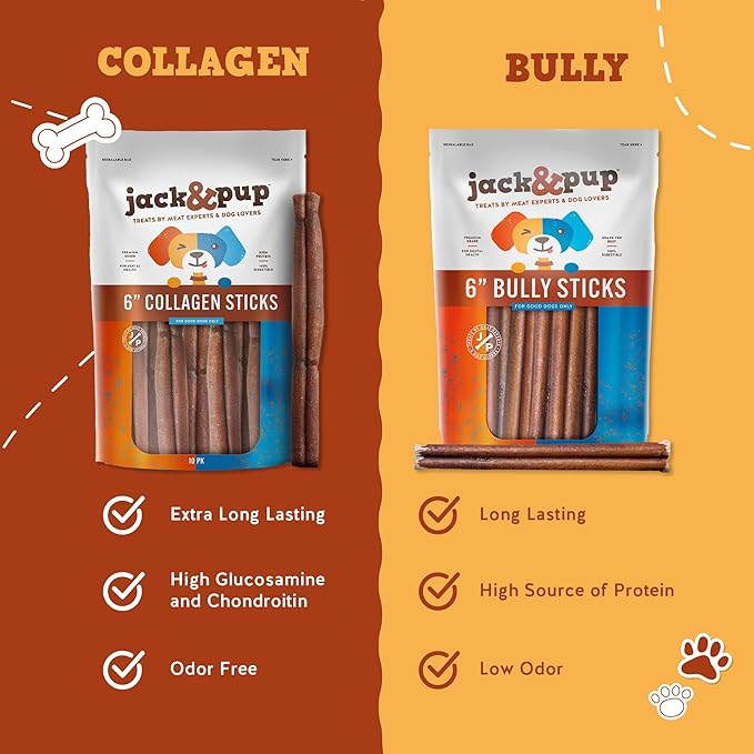 Jack&Pup 12" Beef Collagen Sticks for Dogs | Rawhide Free Dog Chews Long Lasting | Single Ingredient Healthy Dog Treats for Medium Dogs | Bully Stick Alternative (5 Pack)