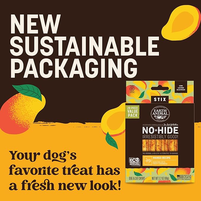 Earth Animal No Hide Stix - Long Lasting Rawhide Free Small Dog Chews Sticks, Mango - 20 Count Value Pack