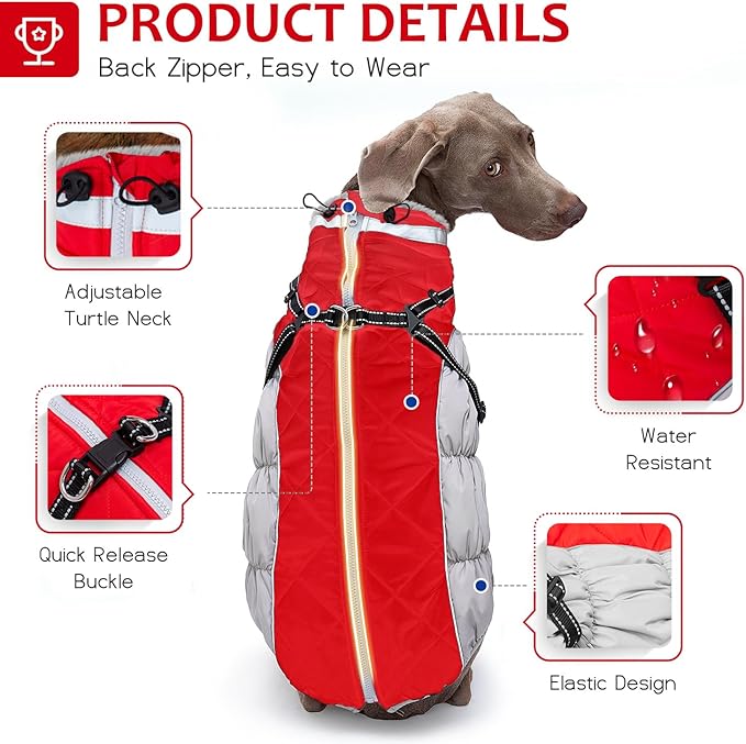 Dog Winter Coat with Harness, Dog Jacket, Pet Clothes with Zipper on Back, Waterproof Windproof Warm Vest, Reflective Cold Weather Coats, for Small Medium Large Dogs, Thick, Red, 2XL