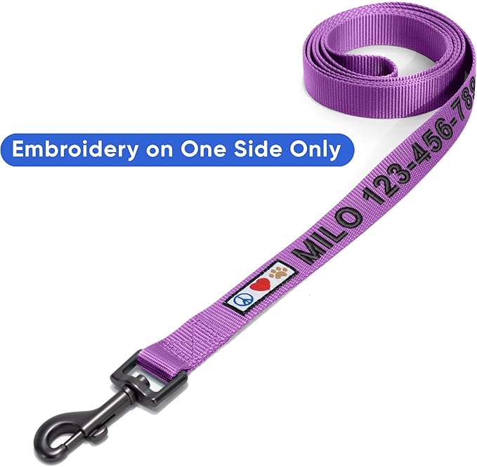 Pawtitas Personalized Dog Leash - Embroidered Customize Leash with Your Pet's Name & Phone Number - 6 ft Long, Purple Orchid Custom Tag