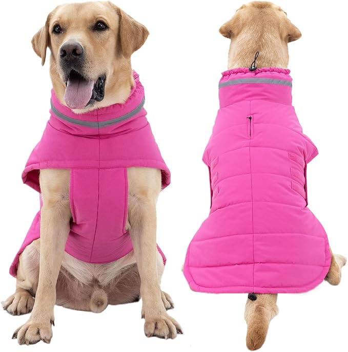 Dog Coat, Waterproof Winter Jacket, Warm Windproof Vest, Reflective Adjustable Turtleneck Coats for Medium and Large Dogs with Hook & Loop - Pink - L