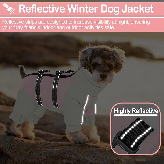 KOESON Four Legged Winter Coat, Warm Dog Jacket with Adjustable Buckles, Turtleneck Windproof Fleece Jackets, Reflective Fullbody Snowsuit Puffer Coat Pink Grey L