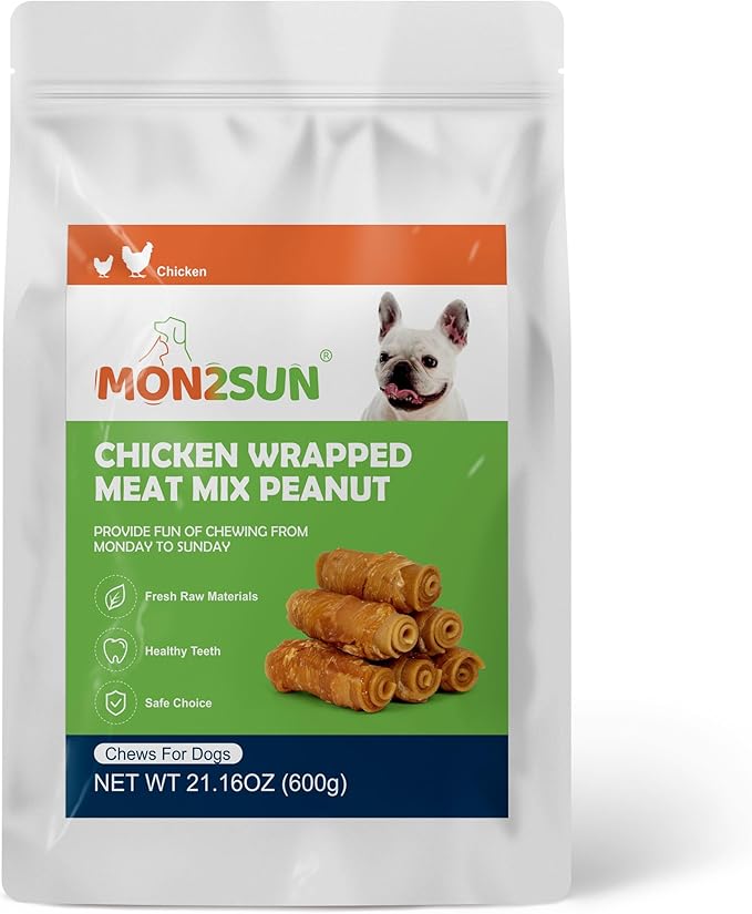 MON2SUN Rawhide Free Dog Treats, 3 Inch Chicken Wrapped Rolls, Low Fat and Training Snacks, Peanut Butter Flavor Chews for Small Dogs, 21.16oz (16 Count - Pack of 1)