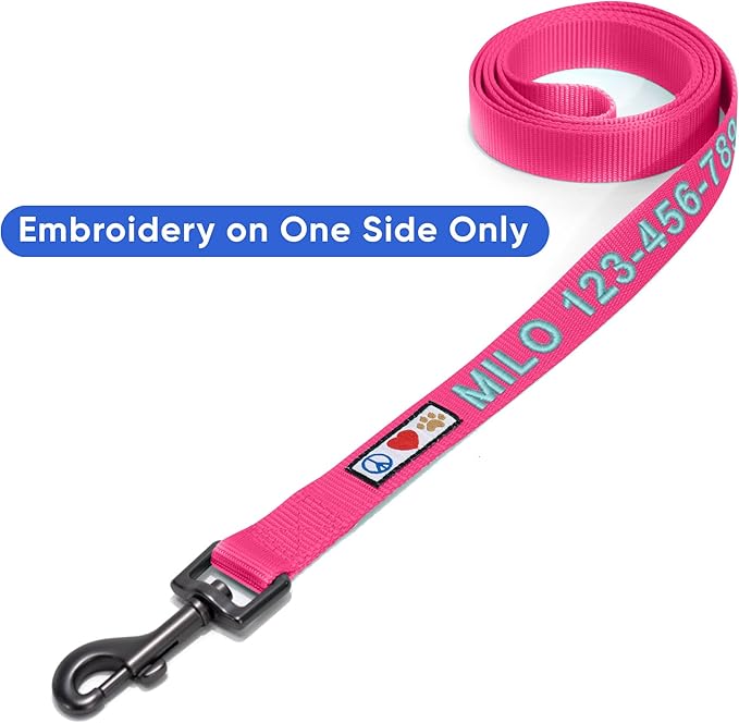 Pawtitas Personalized Dog Leash - Embroidered Customize Leash with Your Pet Name & Phone Number - 6 ft Long, Extra Small, Pink, Custom Engraved Name