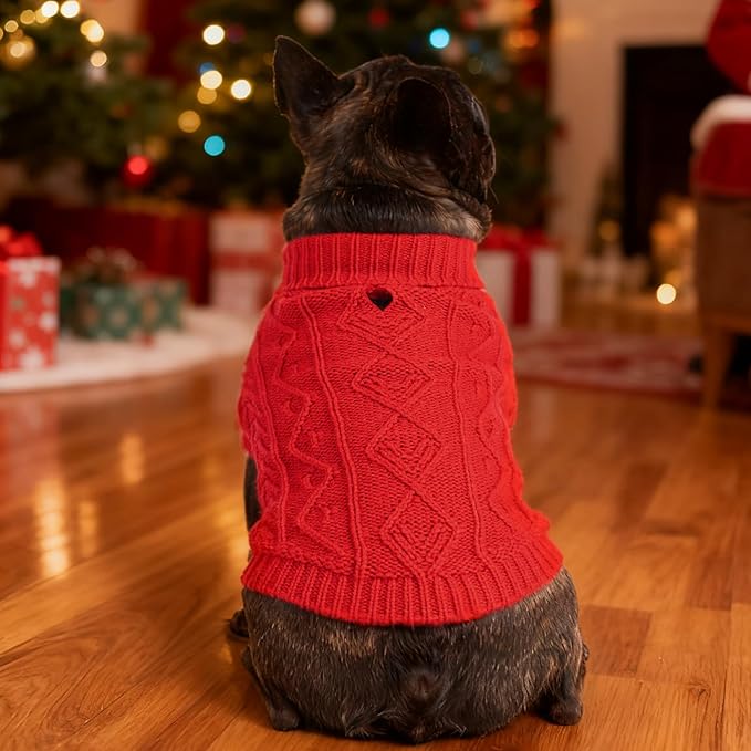 PUPTECK Dog Sweater, Turtleneck Warm Knitted Pullover Coat, Thick Cable Knitwear Clothes in Winter, Pet Apparel Outfits for Large Dogs, for Cold Weather Indoor & Outdoor, Red XL