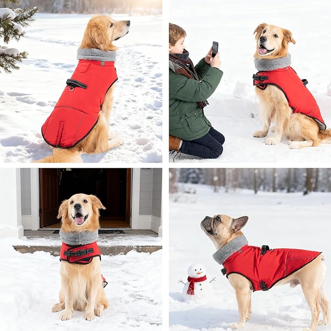 Mihachi Dog Coat for Medium Dogs, Warm Dog Winter Coat Waterproof Dogs Jacket with Harness Built in Reflective Pet Fleece Vest, Puppy Cold Weather Coats Turtleneck & Windproof Dogs Snowsuit, Red M