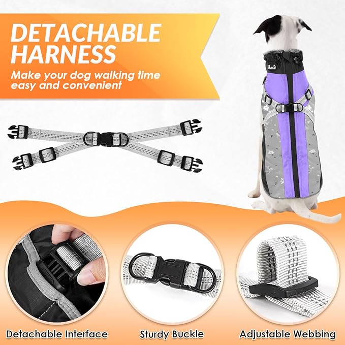 SlowTon Dog Jacket with Harness Built in - Waterproof Fleece Winter Warm Dog Coats for Small Medium Dogs, Reflective Adjustable Furry Puppy Vest Clothes for Outdoor Walking (Purple & Grey, S)