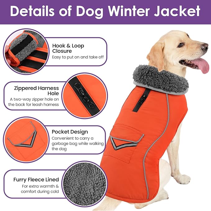 SUNFURA Dog Coat, Large Dog Jacket Reflective Winter Coat for Cold Weather, Windproof Pet Snow Jacket with Pocket, Warm Fleece Sweater Clothes for Large Dogs, Orange L