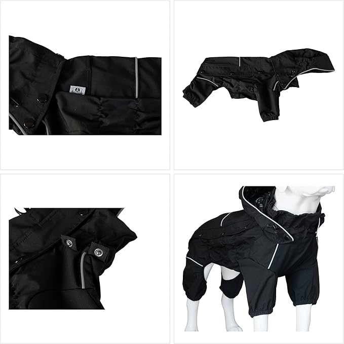 LOVELONGLONG Waterproof Dog Raincoat with Removable Hood – Outdoor Full Body Dog Jacket, Windproof Snowproof Shell Suit – All Season Pet Rain Gear Black 3XL