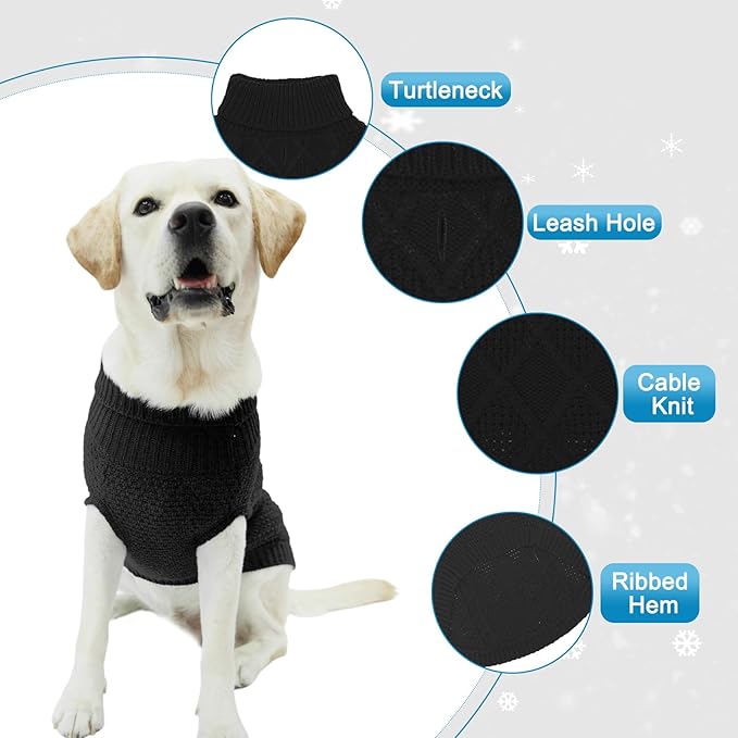 Mihachi Turtleneck Dog Sweater - Winter Coat Apparel Classic Cable Knit Clothes with Leash Hole for Cold Weather, Ideal Gift for Pet in New Year Black Large