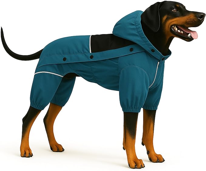 LOVELONGLONG Waterproof Dog Raincoat with Removable Hood – Outdoor Full Body Dog Jacket, Windproof Snowproof Shell Suit – All Season Pet Rain Gear Ocean Teal 4XL