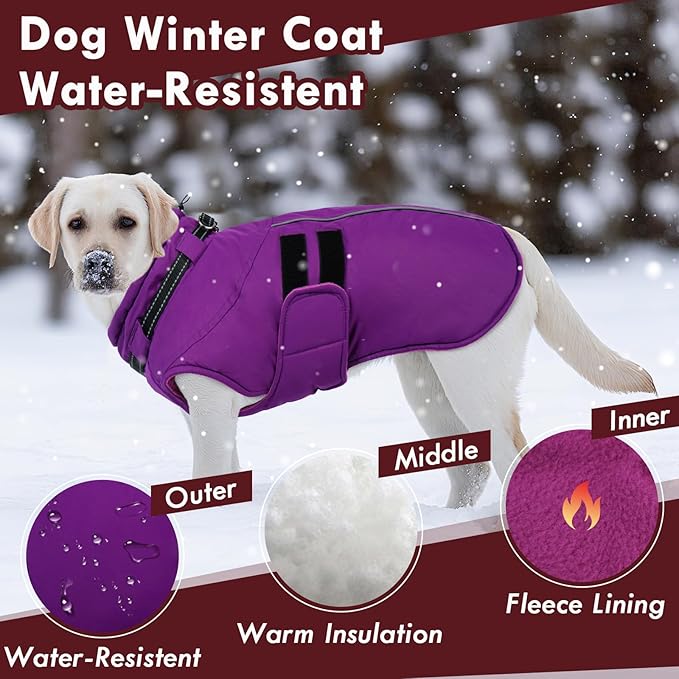 Large Dog Jacket, Waterproof Winter Coat with Harness Built in, Reflective Adjustable Hook&Loop Dog Snowsuit Cold Weather, Warm Snow Coat for Dogs French Bulldog, L Purple