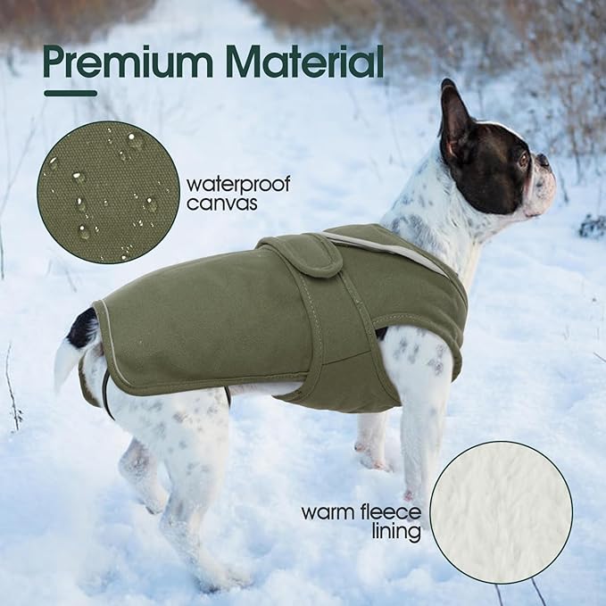 Kuoser Army Green Dog Winter Coat, X-Large, Water-Resistant, Fleece, Hooded Neck, Elastic, Hook, Zipper, Cotton, Comfortable, Leash Hole, Reflective, for Medium Breeds