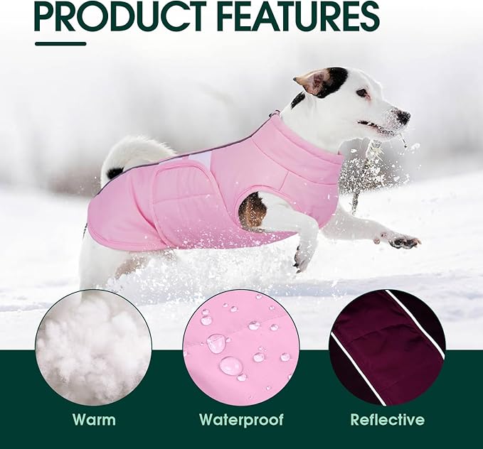 Kuoser XXXL Dog Coat, Dog Jackets for Large Dogs, Reflective Pet Winter Coat Cold Weather Coats, Doggie Snow Jacket Warm Apparel Clothes for Great Dane, Pink XXXL