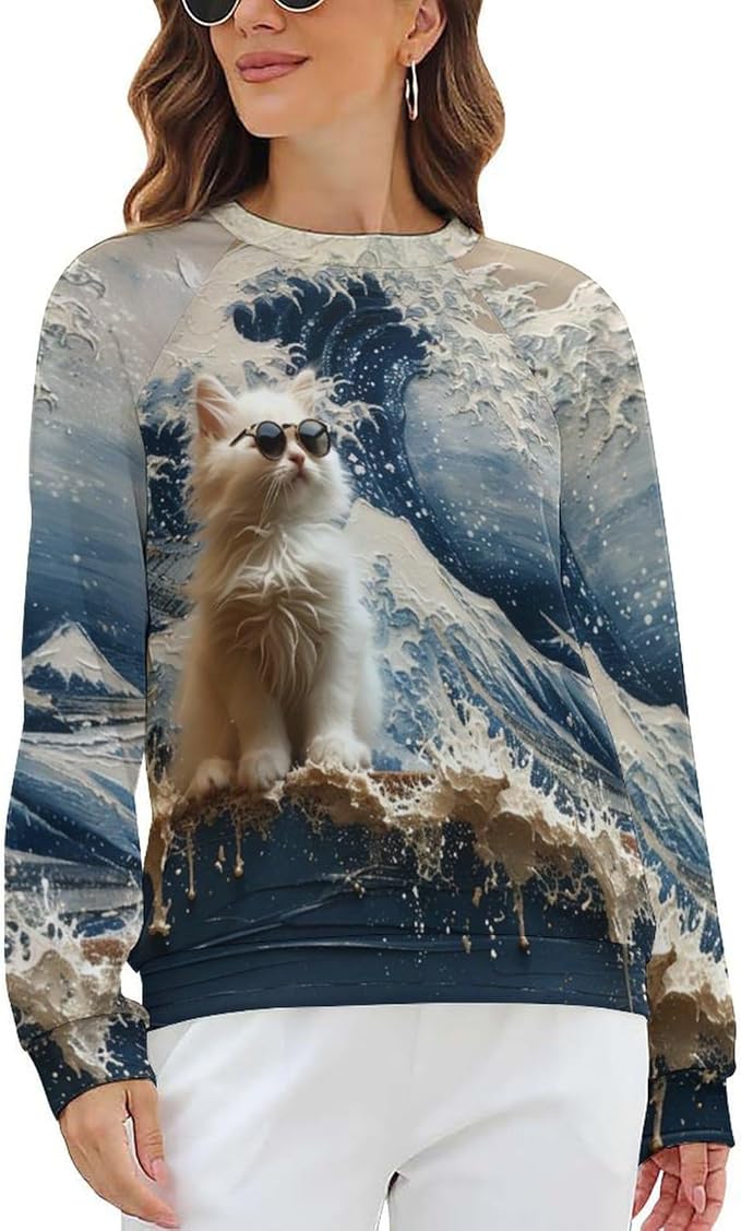 Long Sleeve Shirts for Women Cat Oil Painting Shirt 3D Graphic Sweatshirts Fall Pullover Crewneck Vintage Boho Tops