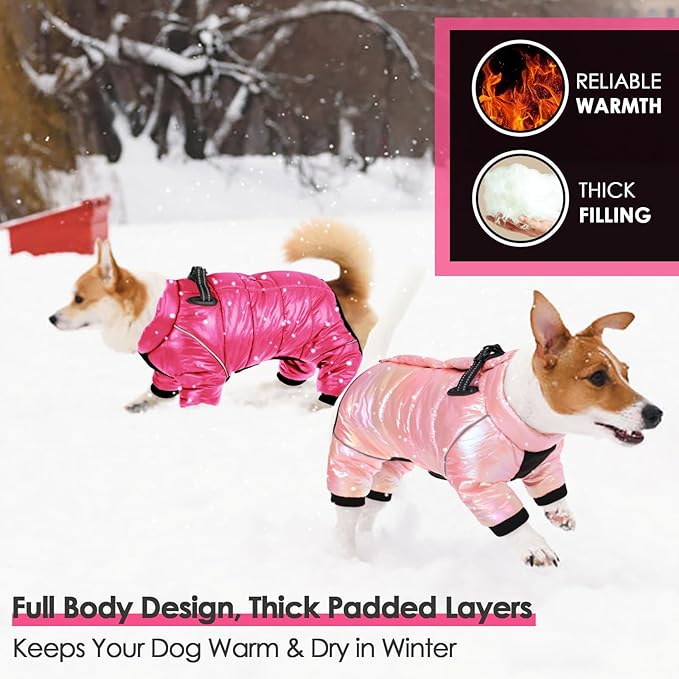 AOFITEE Dog Coat, Waterproof Dog Jacket for Winter, Warm Fullbody Dogs Snowsuit, Winter Coat for Small Dogs, Zip Up Pet Puffer Jacket Fleece Vest, Outdoor Reflective Cold Weather Pet Coats, Rose Red