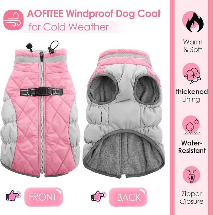 AOFITEE Dog Coat, Warm Dog Jacket, Reflective Winter Coats for Medium Dogs, Turtleneck Dogs Winter Jacket with Harness Built in, Waterproof Windproof Pet Fleece Vest Puffer Jacket, Pink M