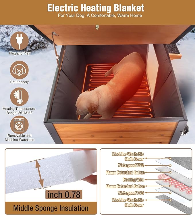 GUTINNEEN Extra Large Heated Dog House Outdoor with Chew-Proof Iron Frame, Waterproof Dog Kennel with Smart Heating Pad, 360° Rotating Feeding Bowl, for Large Dog Breeds