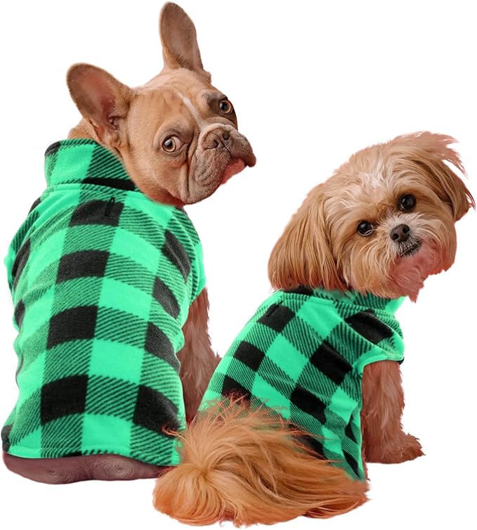 KAMA BRIDAL Spring Autumn Winter Coat Pullover Fleece Vest for Cats Small and Medium Dogs Thin Sweater Green & Black Plaid (Green, S)