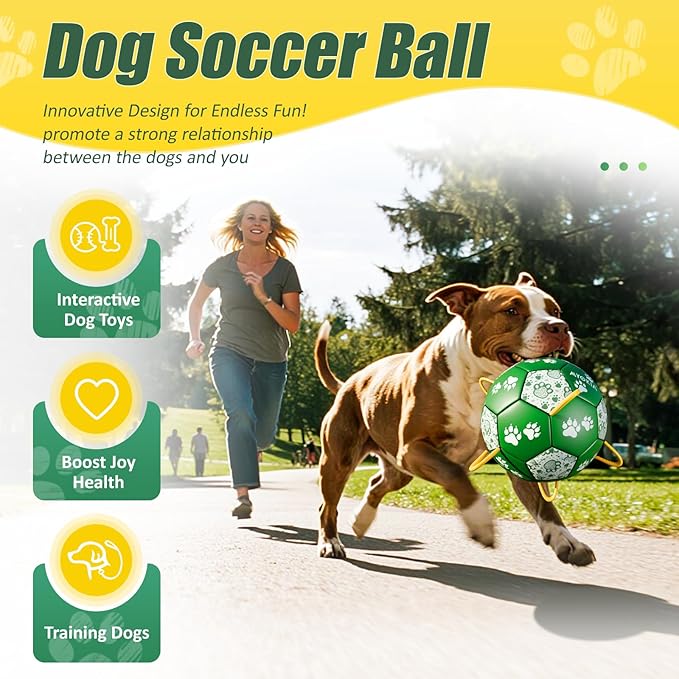Size 2 Dog Soccer Ball with Straps Durable Training Ball for Pets Interactive Outdoor Dog Toy, Green & White, Paw Design, for Small & Medium Puppie