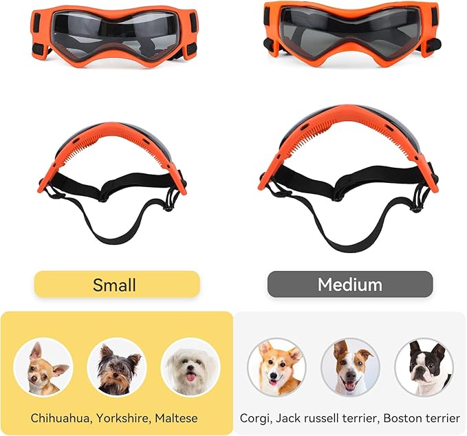 Dog Goggles Small Breed, Dog Sunglasses Small Breed Dog Eye Sun Light Protection, UV Protection Goggles for Dog with Adjustable Straps, Small Orange
