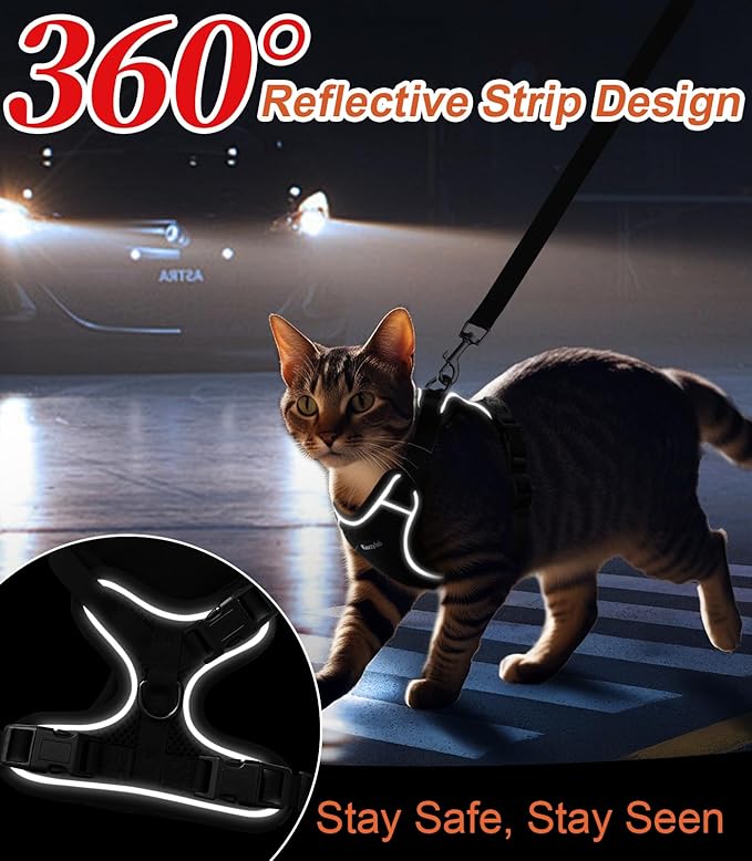 Cat Harness and Leash for Walking Escape Proof Soft Adjustable Cat Leash Breathable Comfortable Vest Easy to Wear Kitten Harness for Outdoor Travel Black S