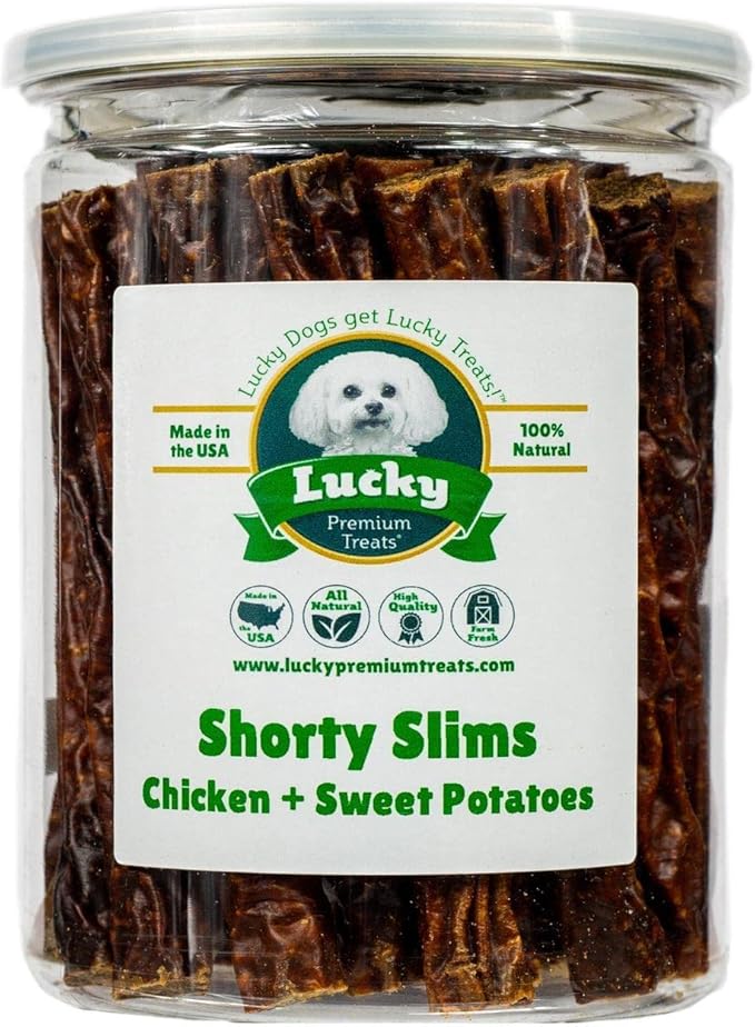 Lucky Premium Treats Lucky Shorty Slims - Sweet Potato and Chicken Jerky Dog Treats, Crunchy Dog Chew Sticks with Real Chicken and Sweet Potato for Small to Large Dogs (7 Count)
