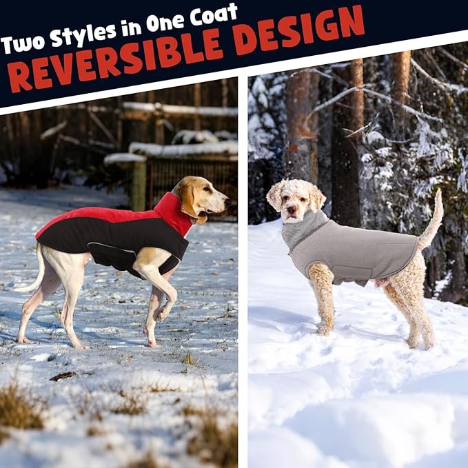 Warm Dog Coat,Waterproof Jacket in Winter Adjustable and Reversible Doggy Fleece Outfit,Thick Clothes with Foldable Collar for Puppy in Cold Days,3XL Red