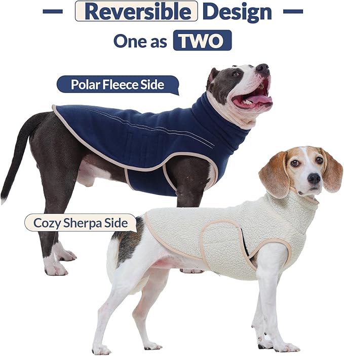 ROZKITCH Reversible Dog Fleece Jacket, Adjustable Double-Sided Vest for Chilly Winter, Super Warm Fleece Sherpa Sweater with Embroidery, Plush Sweatshirt for Small Breeds DarkBlue M